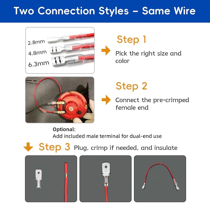 Fixpax Speaker Wire Connector Kit 30PCS 18AWG Female Spade Terminal Wire Connectors Pre-Crimped 2.8/4.8/6.3mm, 30cm Red & Black, with 15PCS Extra Open-End Male Terminals—All with Insulating Sleeves - Image 4